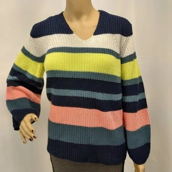 ANN TAYLOR MULTICOLOR STRIPED PREPPY OVERSIZED CLASSIC CHUNKY SWEATER SZ: XL NWT - Picture 2 of 6